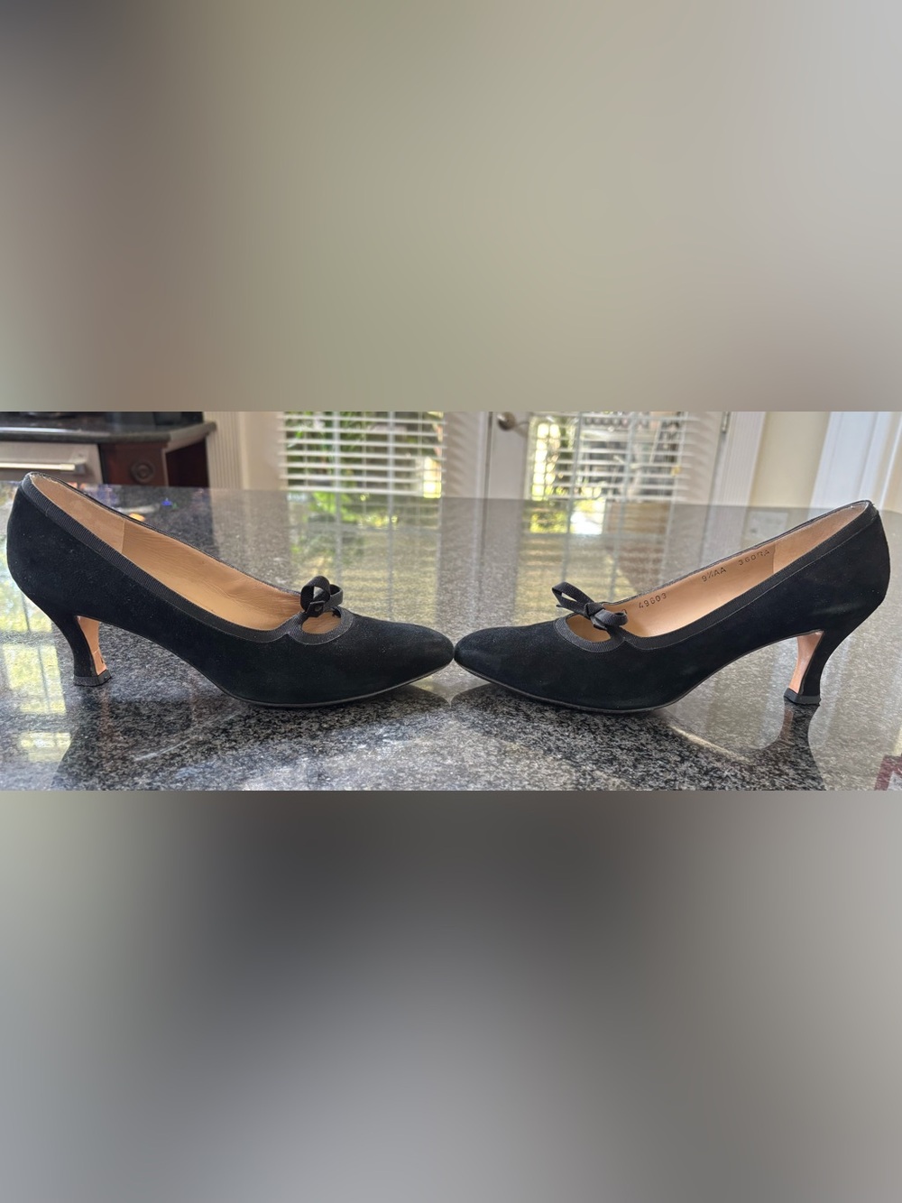Salvatore Ferragamo Black Suede Pointed Ballet Flats with Ankle Ribbon